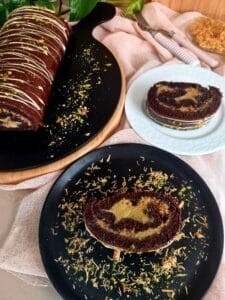 Sliced Dubai-style chocolate Swiss roll